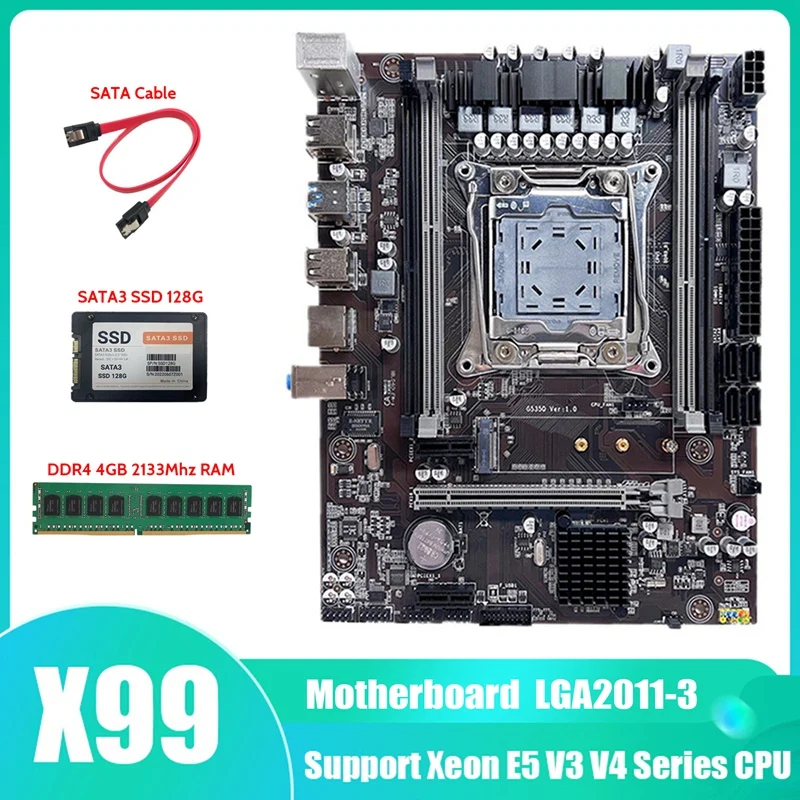 

Материнская плата X99, системная плата, поддержка DDR4 ECC RAM с SATA3 SSD 128G + DDR4 4 Гб 2133 МГц RAM + SATA кабель