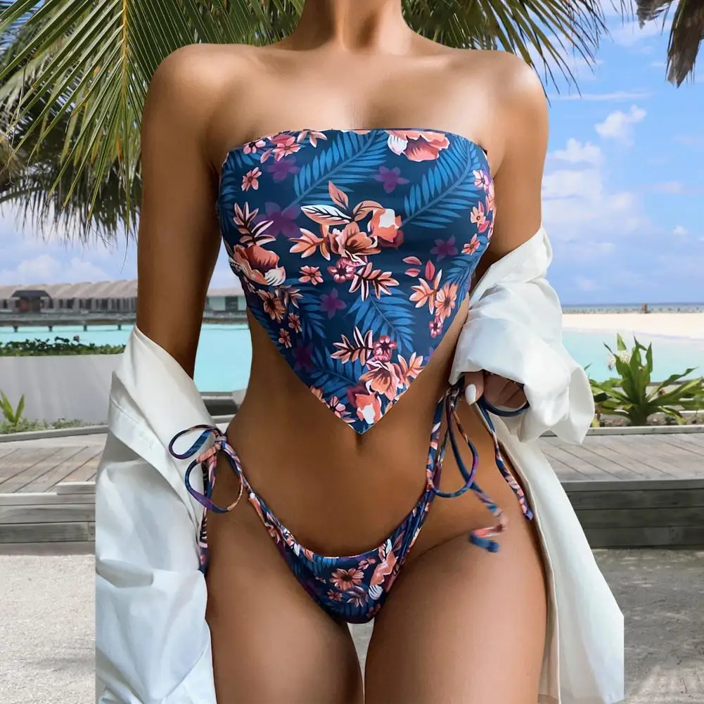 

Купальный костюм, регулируемое пикантное бикини на шнуровке, пляжная одежда, цветочный принт, бюстгальтер без бретелек, женский купальник