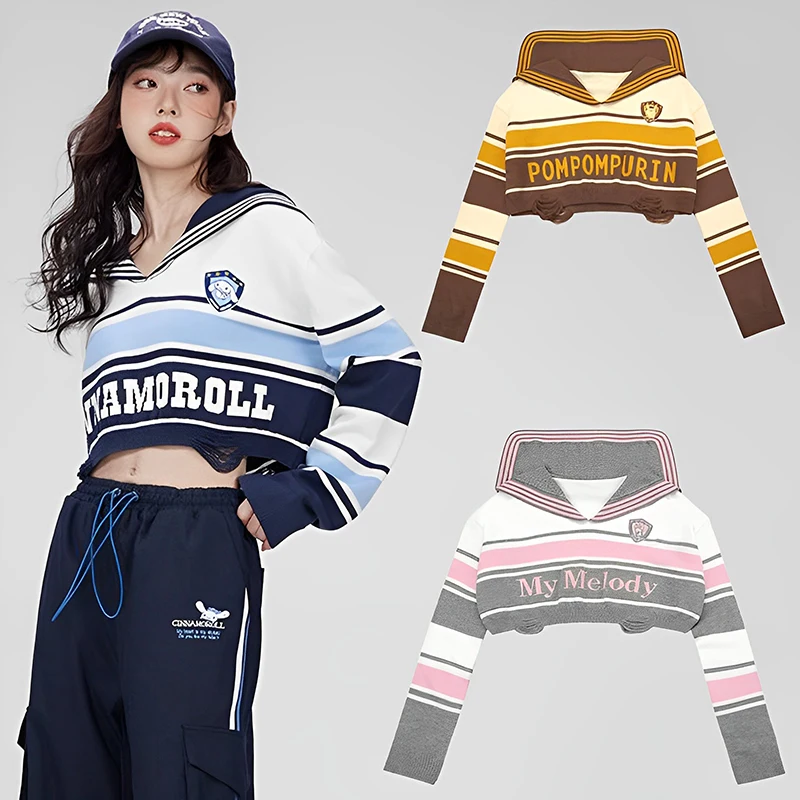 

Sanrio Kawaii Cinnamoroll My Melody Pompompurin Cartoon Striped Sweater Summer Cute Anime Y2K Versatile Half-Length Top