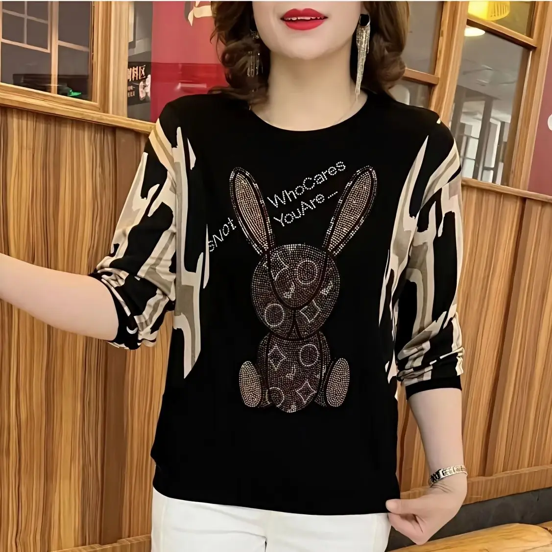 

Футболка женская с круглым вырезом, популярный топ свободного покроя с кроличьим принтом, с длинным рукавом, со стразами, 4XL, весна-лето