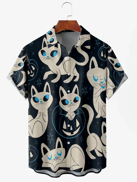 

Men's Pumpkin Cat Print Wrinkle Resistant Moisture Wicking Fabric Lapel Short Sleeve Hawaiian Shirt, Black, Men's Floral shirt