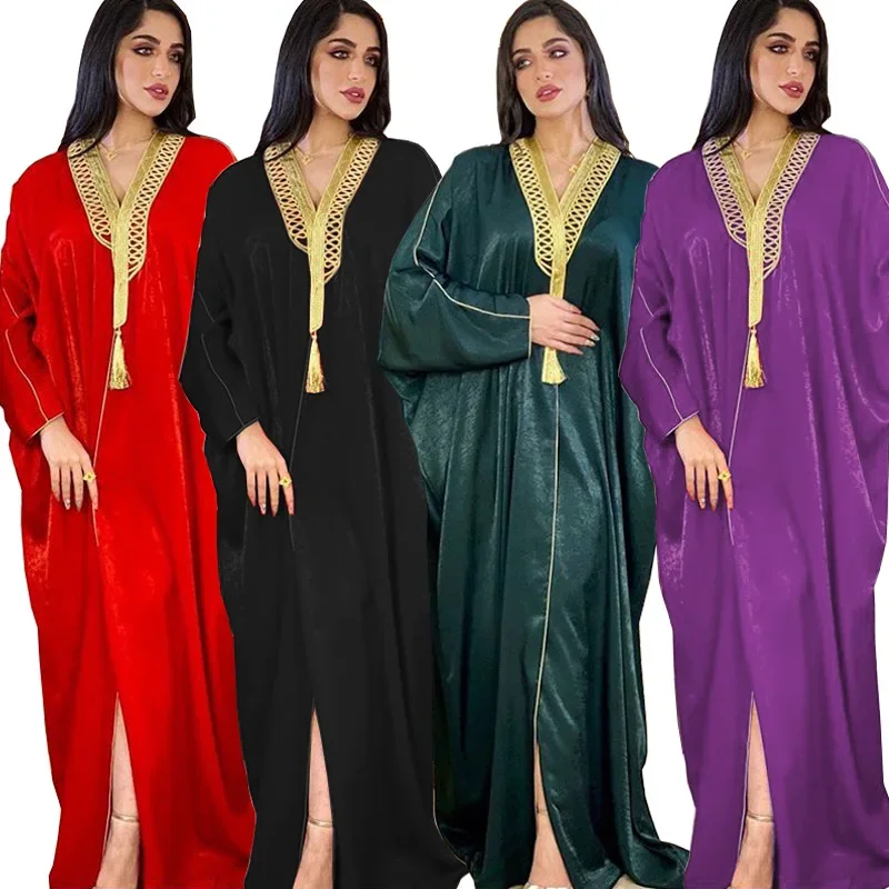 Фото Vestido Ropa De Mujer Envio Gratis Eid Abayas Женское атласное платье Рамадана Мусульманская мода Американская одежда Халат с рукавами «летучая мышь» №5