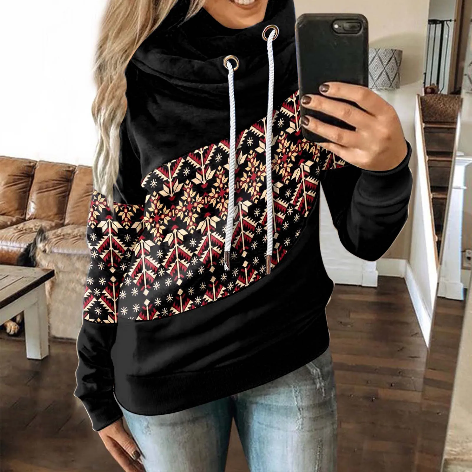 

Oversized Hoodie Sweatshirt Women Ladies Loose Strap Hooded Long-Sleeves Cute Print Drawstring Top Blouse Womens Latest Fashion