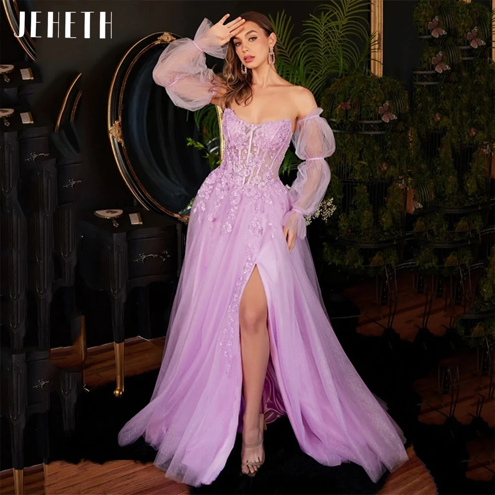 

JEHETH Lilac Glitter Tulle Strapless Prom Dress Sparkly Side Split Puff Sleeves Open Back A Line Evening Party Gown Floor Length