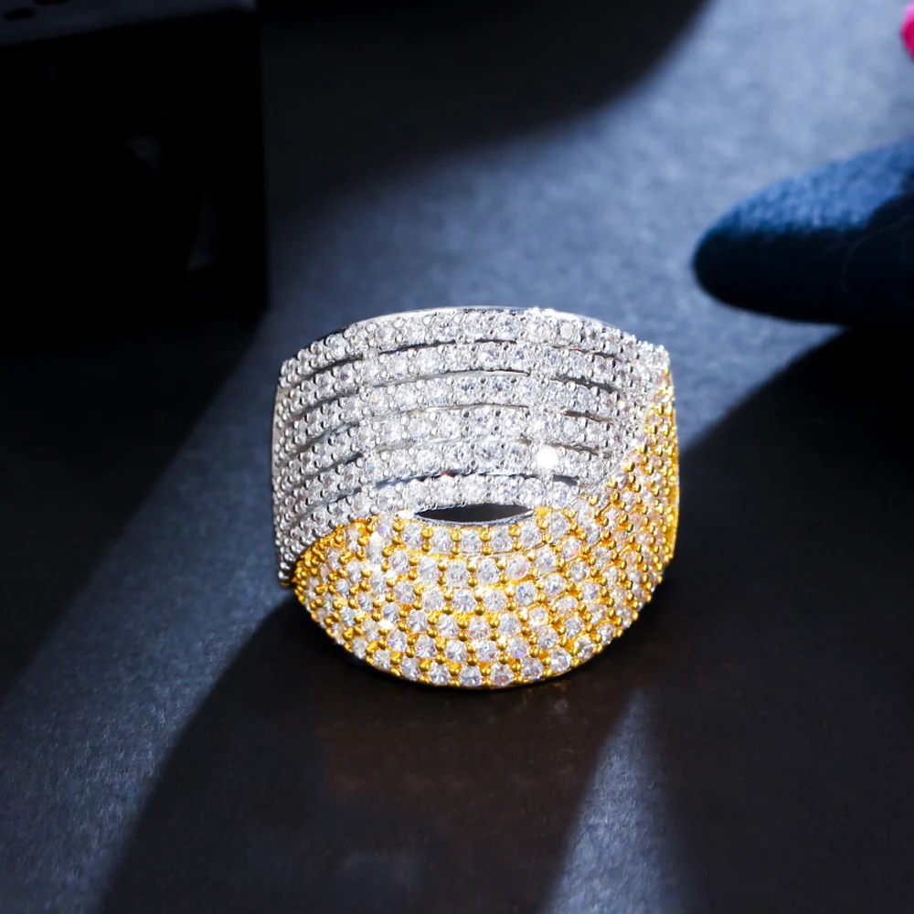 

CWWZircons два тона покрытые белым золотом витая линия кубического циркония камень широкий большой Регулируемый кольца для женщин ювелирные из...