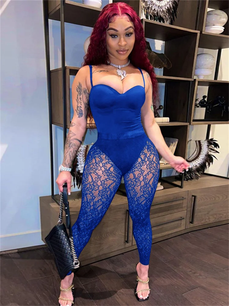 

Thorn Tree 2Piece Women Suits Summer Tracksuits Push Up Sleeveless Strap V-neck Push Up Bodysuits Tops Lace See Through Leggings