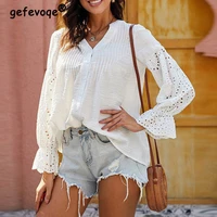 autumn fashion womens ruffled hollow embroidery chic long sleeve button shirt casual streetwear v neck loose solid blouses tops