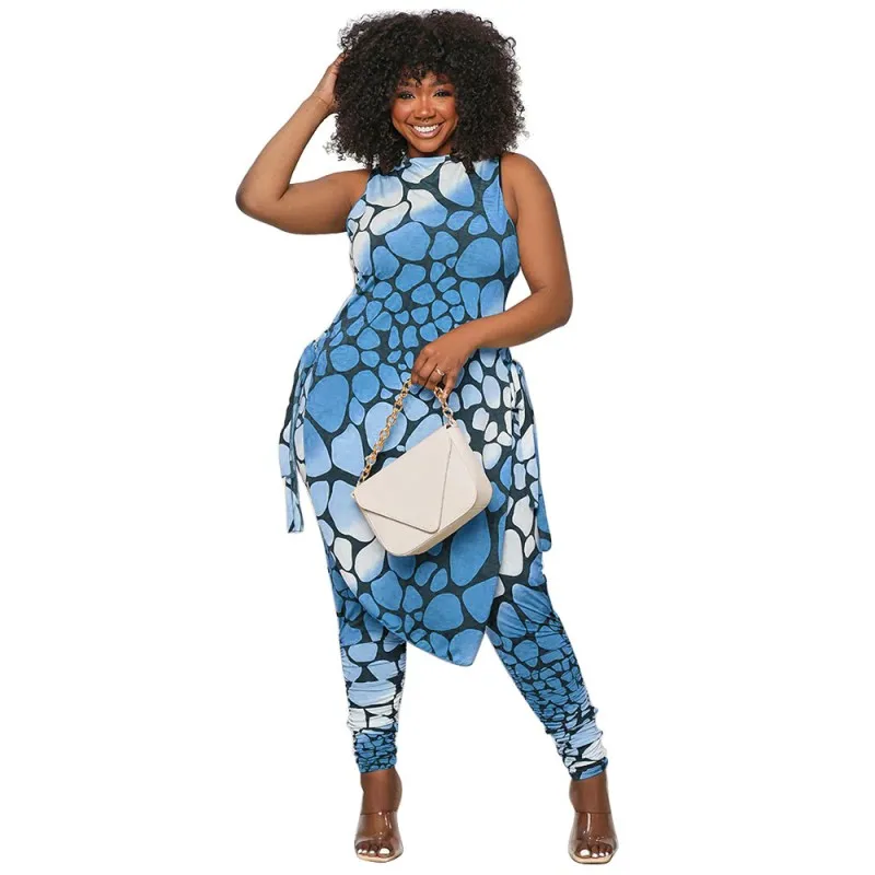 

African Clothes For Women 2 Piece Set Side Lace Up Long Tops Outfits Summer New Fashion Print Pant Suit Dashiki African Clothing