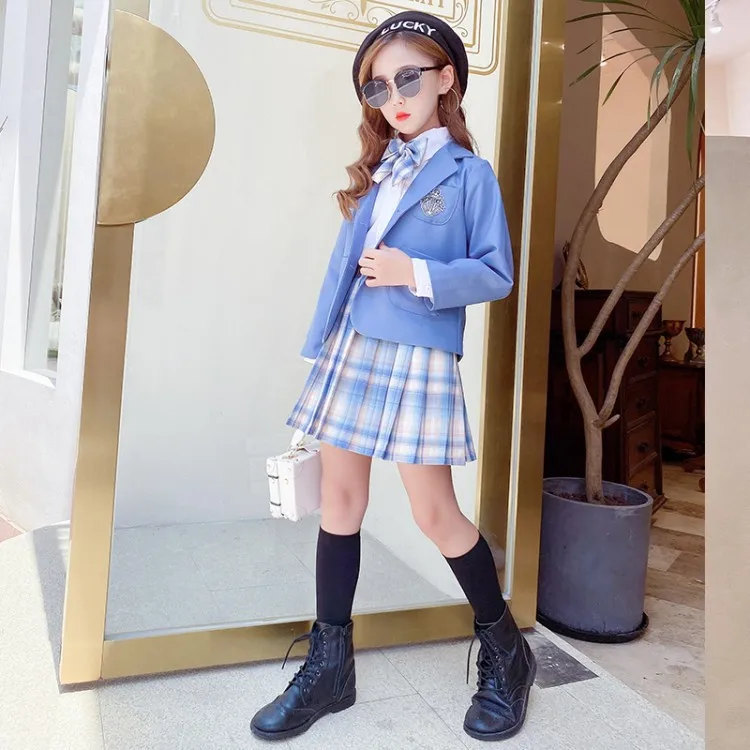 Girls Spring Autumn JK Shool Uniform Suit Set Children Blazer Shirts Skirts Clothing Set Kids Party Dance Performance Costume