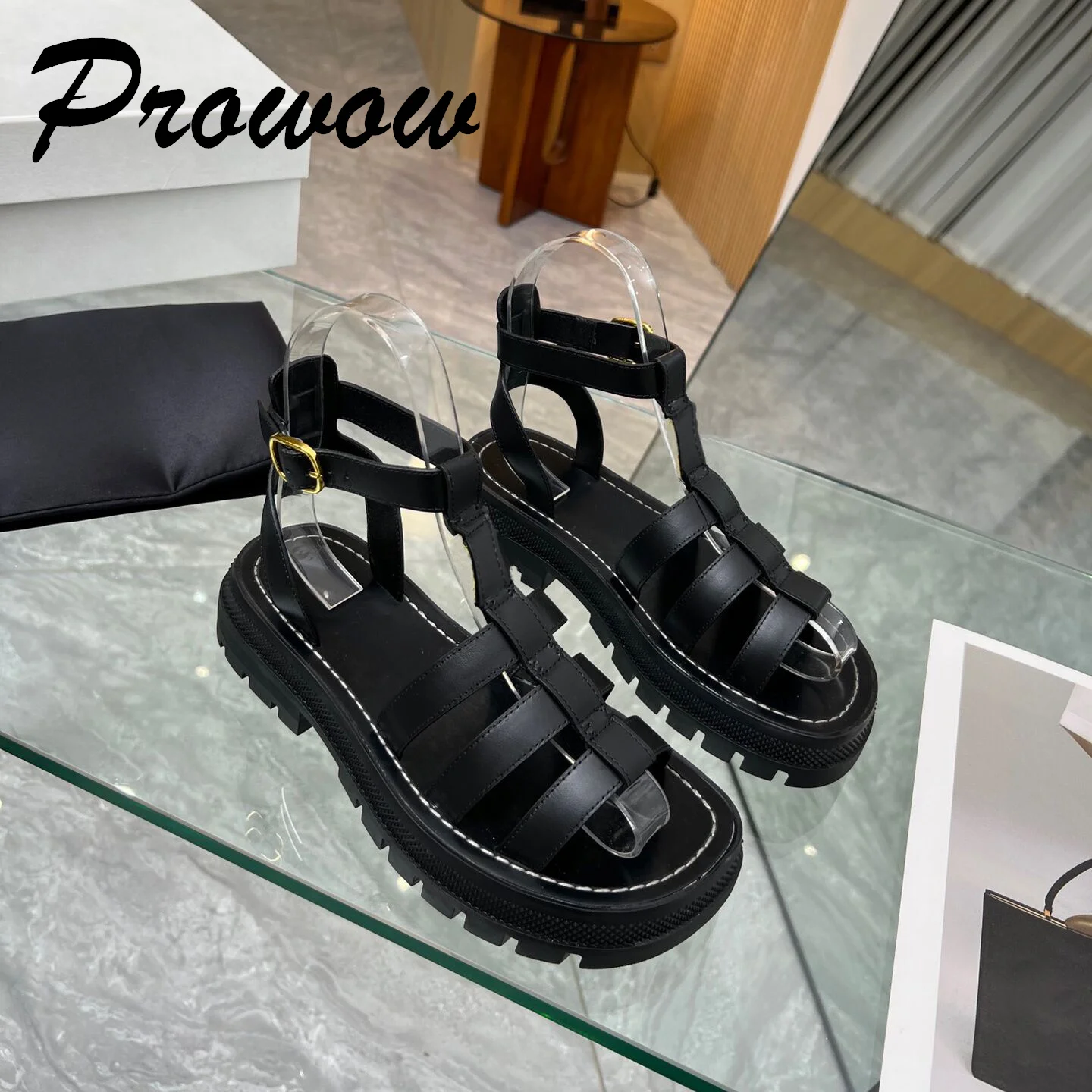 Prowow New Genuine Leather Original Quality Summer Flats Sandals Luxury Gold Decorate Ankle Wrap Platform Shoes Women