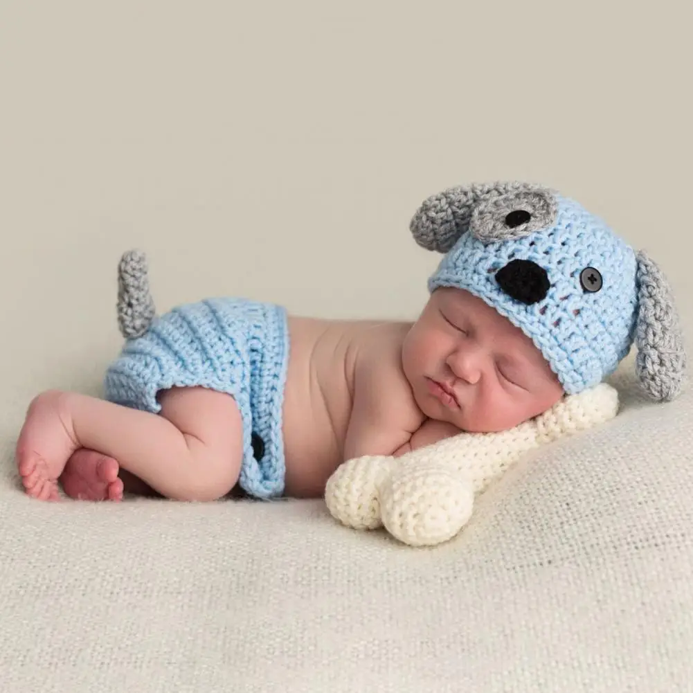 

1 Set Baby Shooting Props Newborn Sweater with Bone Handmade Cartoon Shooting Props Yarn Puppy Shape Baby Photo Hat Set For Kids