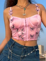 sunny y j pink sweet cute satin tops for women butterfly appliques kawaii bustier corset vest sleeveless v neck sexy tanks camis