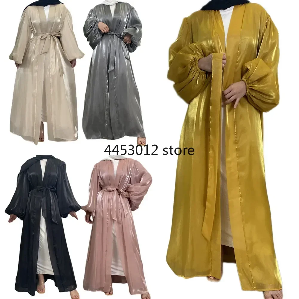 Ид Мубарак Блестящие атласные открытые кимоно Абая Femme Musulmane с пышными рукавами