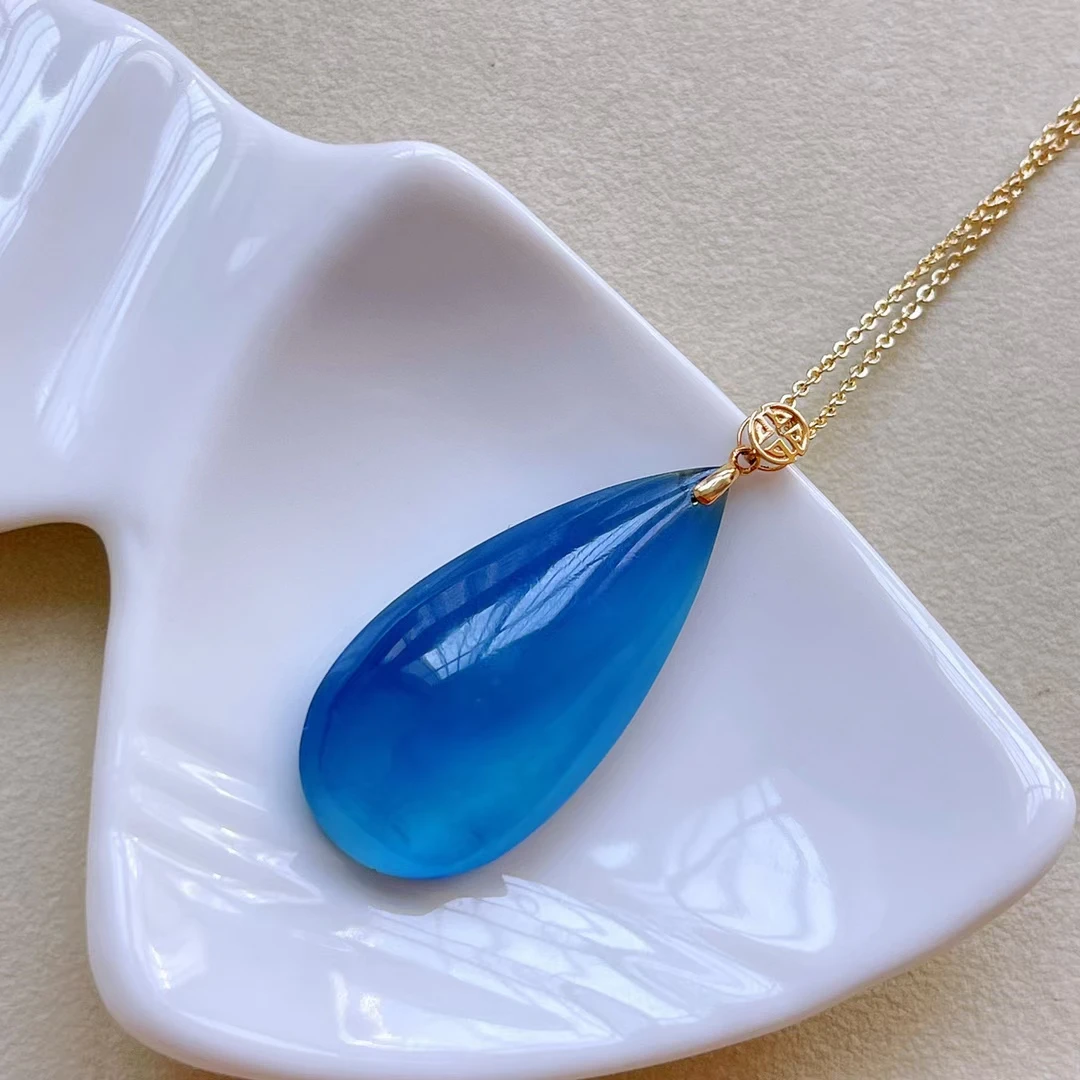 

Natural Blue Aquamarine Quartz Pendant Water Drop 33.6*16mm Women Jewelry Round Brazil Blue Aquamarine Necklace AAAAA