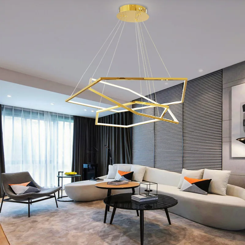 Luxury Gold Hexagon Rings Chandelier Lighting Modern Hanging Light Stainless Steel  LED Pendant Lamp for Living Room Hotel