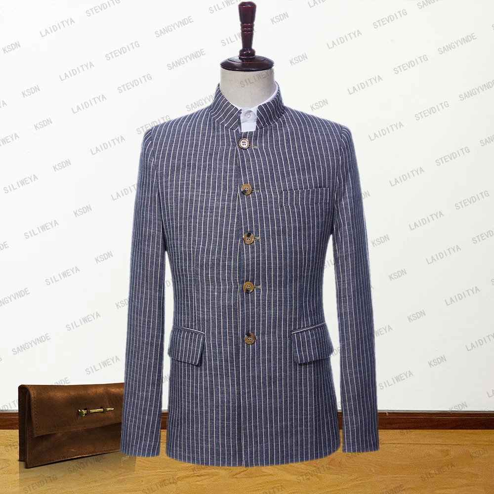 New Fashion Men Jacket Linen Navy Blue Vertical Stripe Slim Fit Casual Tuxedos Wedding  Blazer Coat Spring Autumn 2023