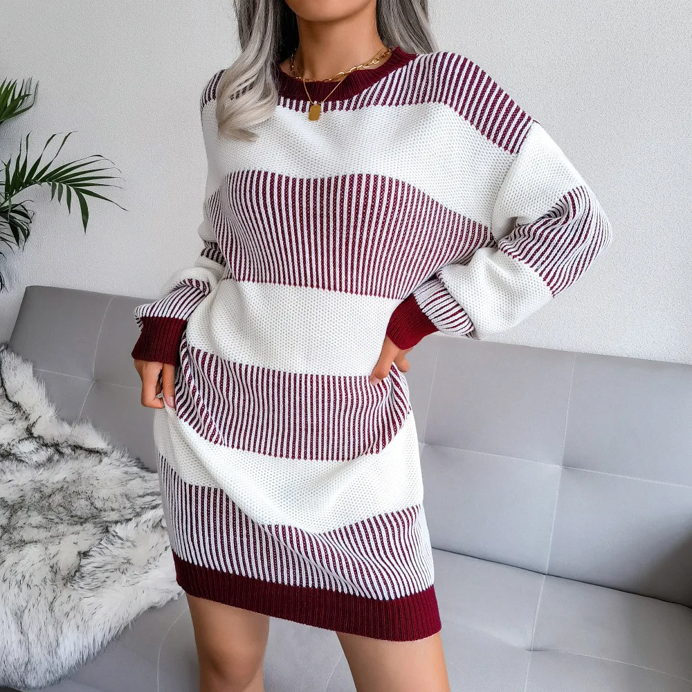 

2022 Autumn Women's New Fashion Stripe Loose Casual Knitted Sweater Dress Without Belt