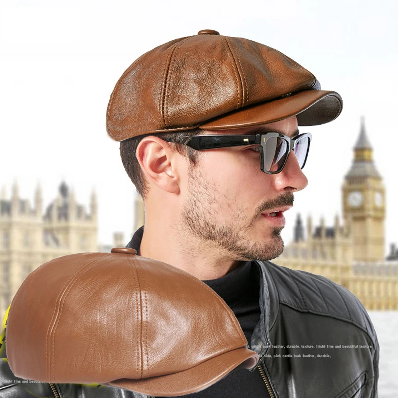 Retro Octagonal Genuine Leather Hat Winter Men's Cowhide Leather Beret Elegant Fashion Student Tongue Cap Snapback Caps For Men