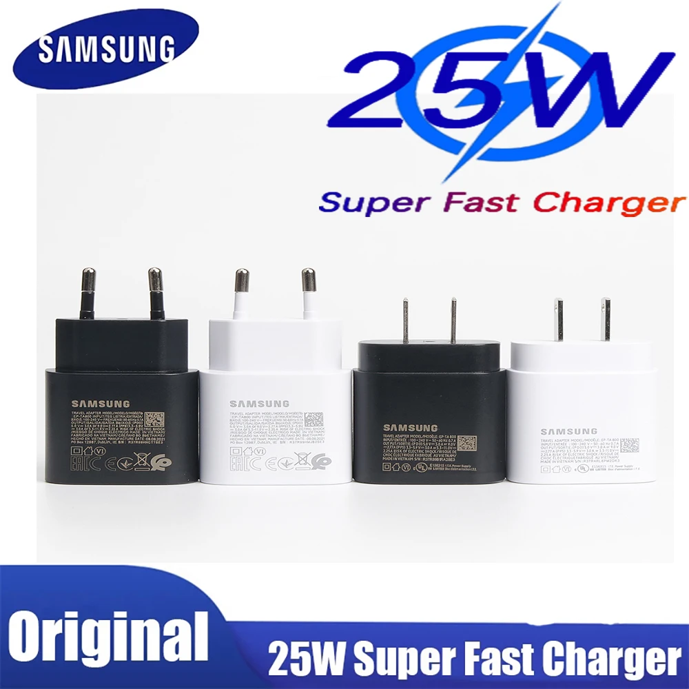 

Original Samsung A53 A33 A52 A32 F52 S22 S21 S20 Super Fast Charger 25W EU Power Adapter EP-TA800 For Galaxy S10 5G Type C Cable