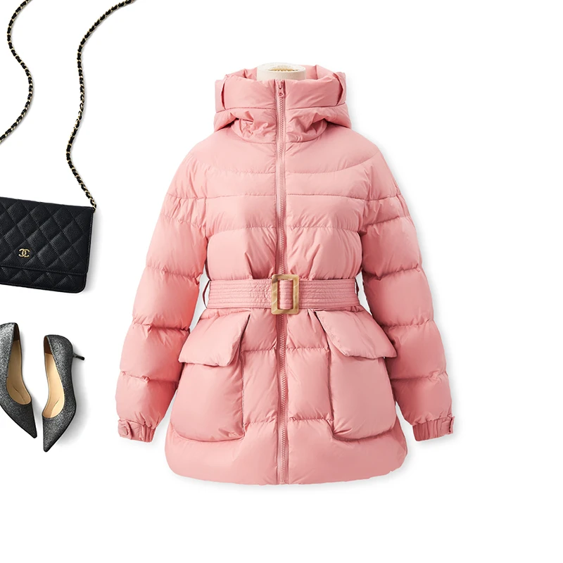 SHUCHAN 85% white goose down jacket women hooded warm winter slim pockets light coat woman high quality