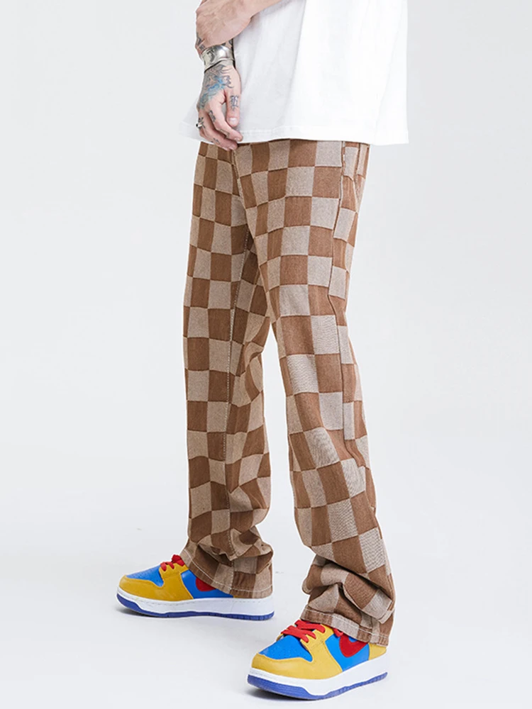 Fashion Men's Jeans Checkerboard Print Pants Korean Trend Loose Straight Street Casual Wide Leg Pants Ins Hot Sale Men's Pants