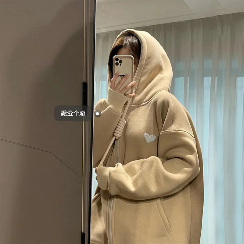 

Y2k Hoodie Fleece Loose Casual Solid Color Women's 2022 Autumn And Winter Women's Coat Zipper Loose Hooded Jacket Sweater