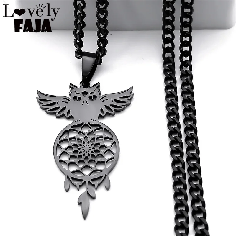 

Fashion Stainless Steel Owl Dream Catcher Necklace Women Men Black Color Dreamcatcher Pendant Necklaces Boho Jewelry N8521S03