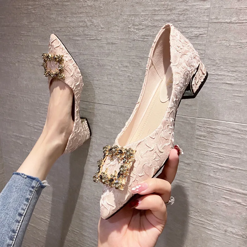 

Zapatos De Mujer 2022 New FashionTemperament Fold Blue French Pointed Shoes Shallow Mouth Rhinestone Mary Jane Thick Heel Shoes