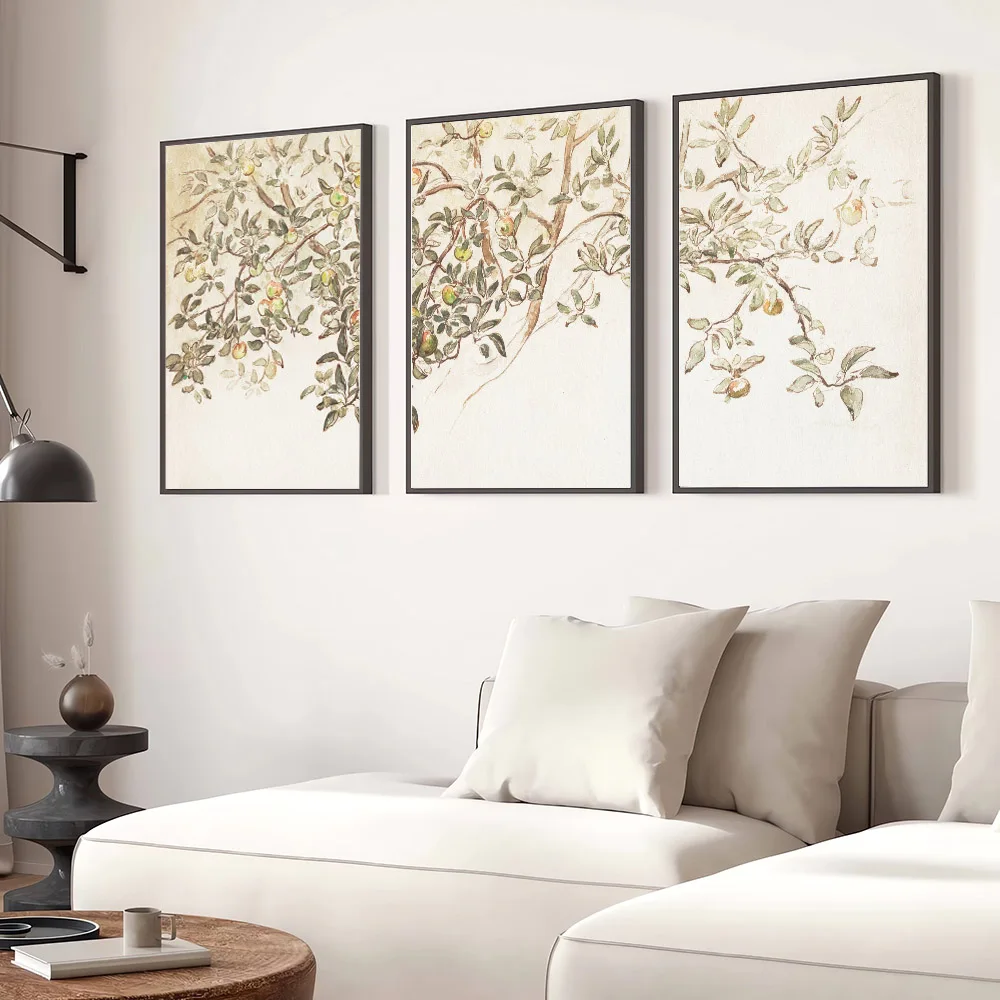 Набор из 3 холщовых постеров без рамки в стиле ретро яблоко деревья винтажная