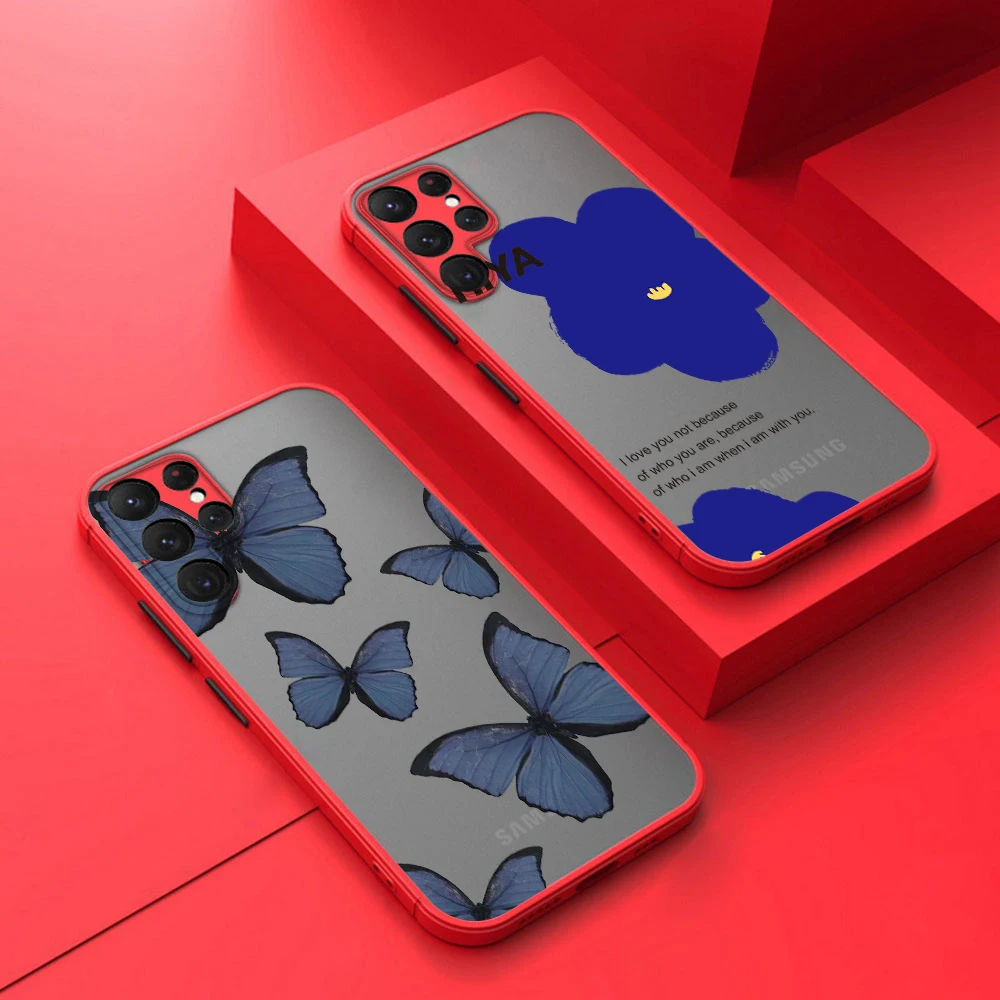 

Blue Beautiful Butterfly Phone Case For Samsung S22 S21 Ultra S20 FE S10E S10 Lite Plus Frosted Translucent Matte Cover