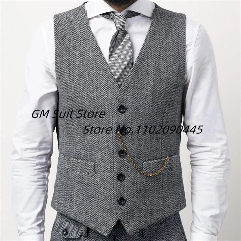 

Men's Fashion Suit Vest Wool Herringbone Tweed Formal Business Clothing Jacket V-Neck Waistcoat For Wedding