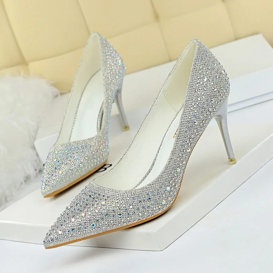 

2022 Women 7cm 10cm High Heels Pumps Lady Wedding Bridal Glitter Crystal Low Heels Cinderella Scarpins Prom Sweet Pleaser Shoes