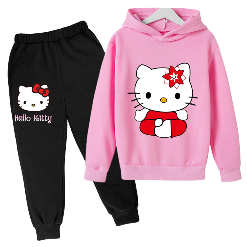 Купи Hello Kitty Casual Kids Clothes 2 Piece Hoodies Set Clothing Cool Girls Clothing Boys Tracksuit Children Baby Clothes за 599 рублей в магазине AliExpress