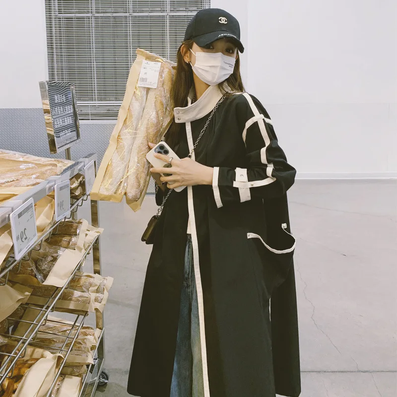 

SuperAen Women's Stand Collar Korean Design Contrast Color Simple Design Long Trench Coat Woman