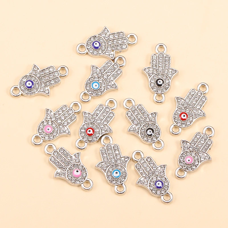 

10Pcs Silver-plated Rhinestone Fatima Hand Charms Pendants for Jewelry Making Fashion Turkish Evil Eye Necklace Diy Accessories