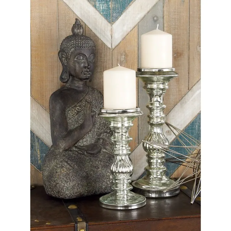

2 Candle Silver Metal Handmade Turned Style Pillar Candle Holder, Set of 2