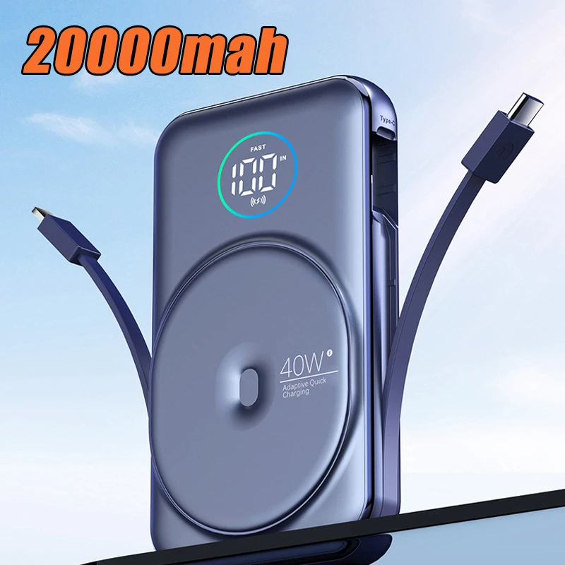 

20000mAh Magnetic Qi Wireless Charger Power Bank Built in Cable PD40W Fast Charging for iPhone 13 12 Huawei P40 Xiaomi Powerbank