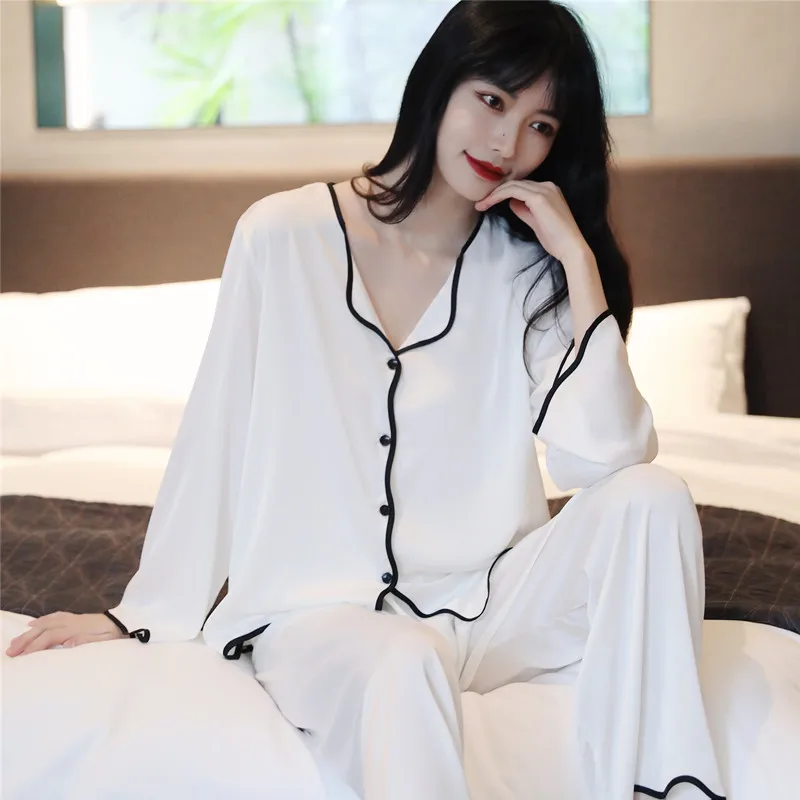 Spring Summer Sexy Silk Pajamas Women's Long-Sleeved Suit Korean Style Large Size Simple Style Ice Silk Home Thin Homewear