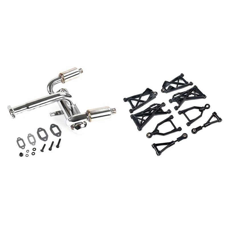 

2X Twin Exhaust Pipe And Muffler With Reinforcement Front And Rear Suspension,For 1/5 HPI Rovan Baja 5B 5T 5SC RC