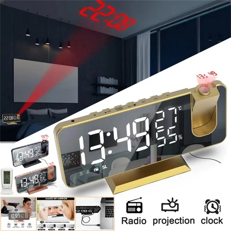 Table Electronic Alarm Clock With Projection Fm Radio Time Projector Bedroom Snooze