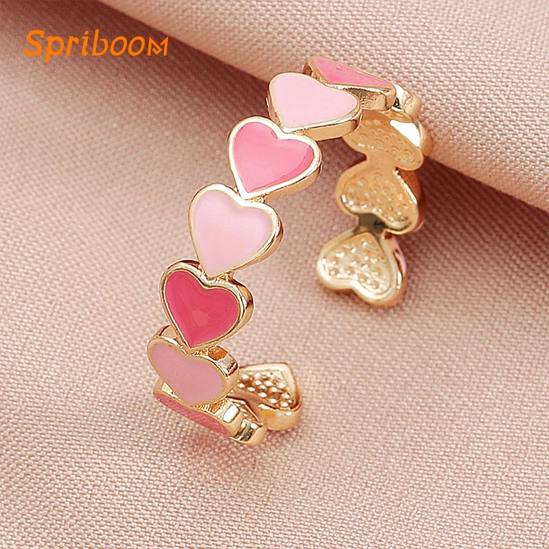

Ins Bohemian Pink Heart Rings Colorful Cute Open Finger Ring for Women Simple Enamel Love Hearts Wedding Party Anillos Jewelry