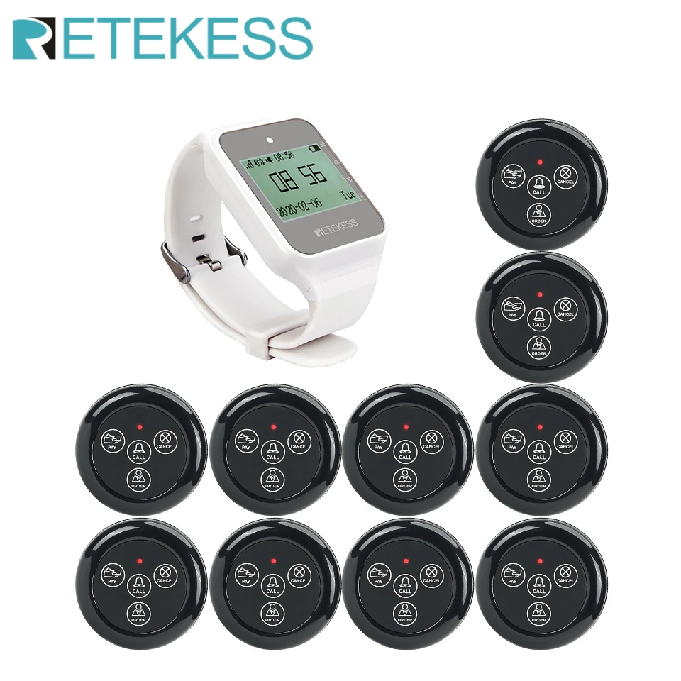 Retekess Restaurant Pager Hookah Wireless Calling System TD108 Watch Receiver+TD032 Transmitter Button For Customer Service