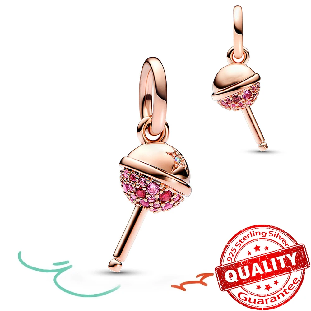 

Dazzling S925 Sterling Silver Pink Lollipop Dangle Charm Fits Pandora Bracelet Romantic Rose Gold Charm DIY Silver Jewelry Gift