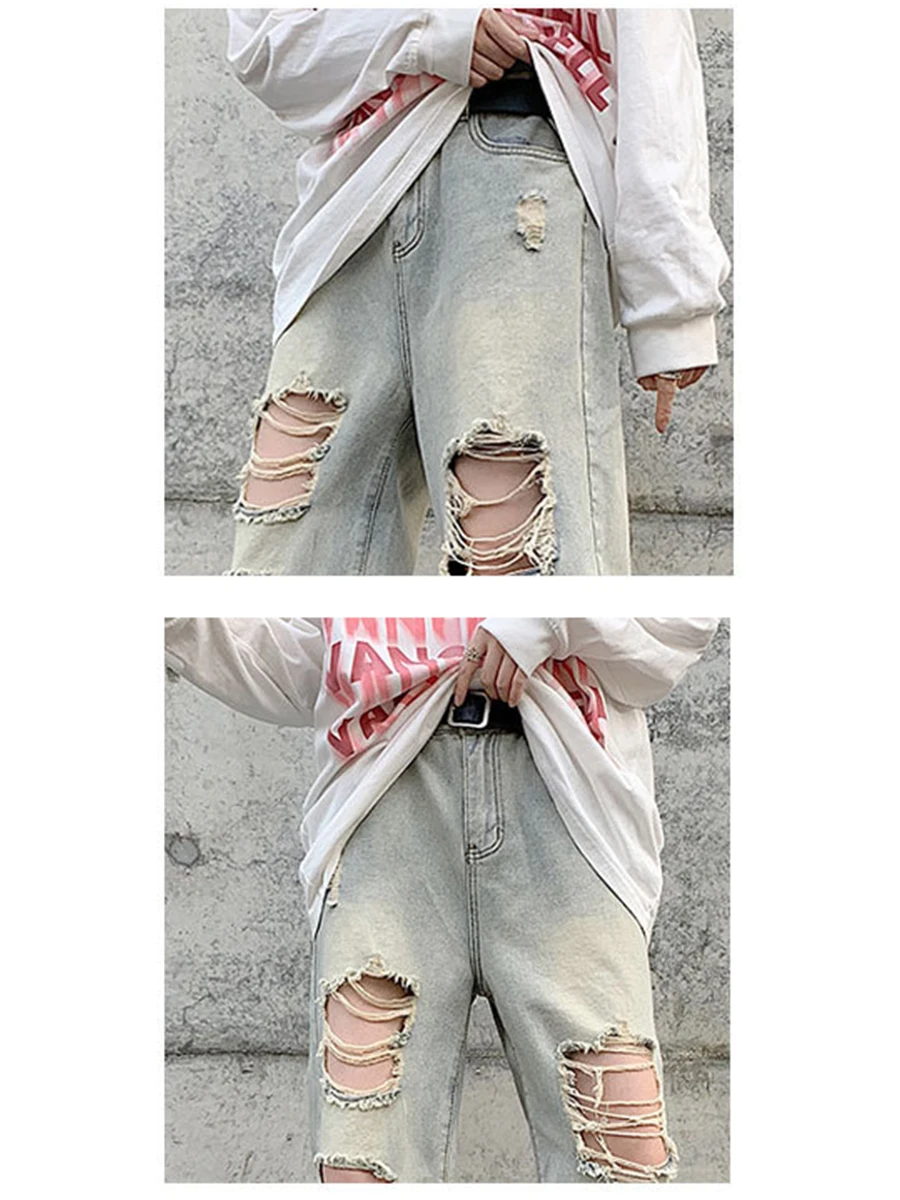 Four Seasons Men's Jeans American Retro Hole Design Pants Trend High Street Straight Wide Leg Pants Streetwear Men Ins Hot Sale