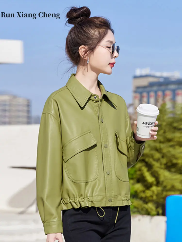 2023Women's Autumn Korean Style PU Leather Jacket Imitation Leather Leather Street Fashion Turn-down Collar Motorcycle Style Top