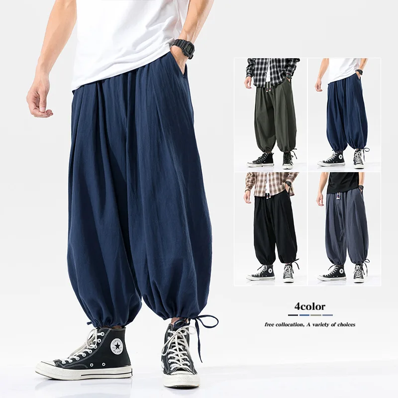 

2022 Men's Chinese Style Japanese Ice Silk Linen Cotton and Linen Lantern Leggings Pants Ninth Casual Pants Men's Slim Trousers