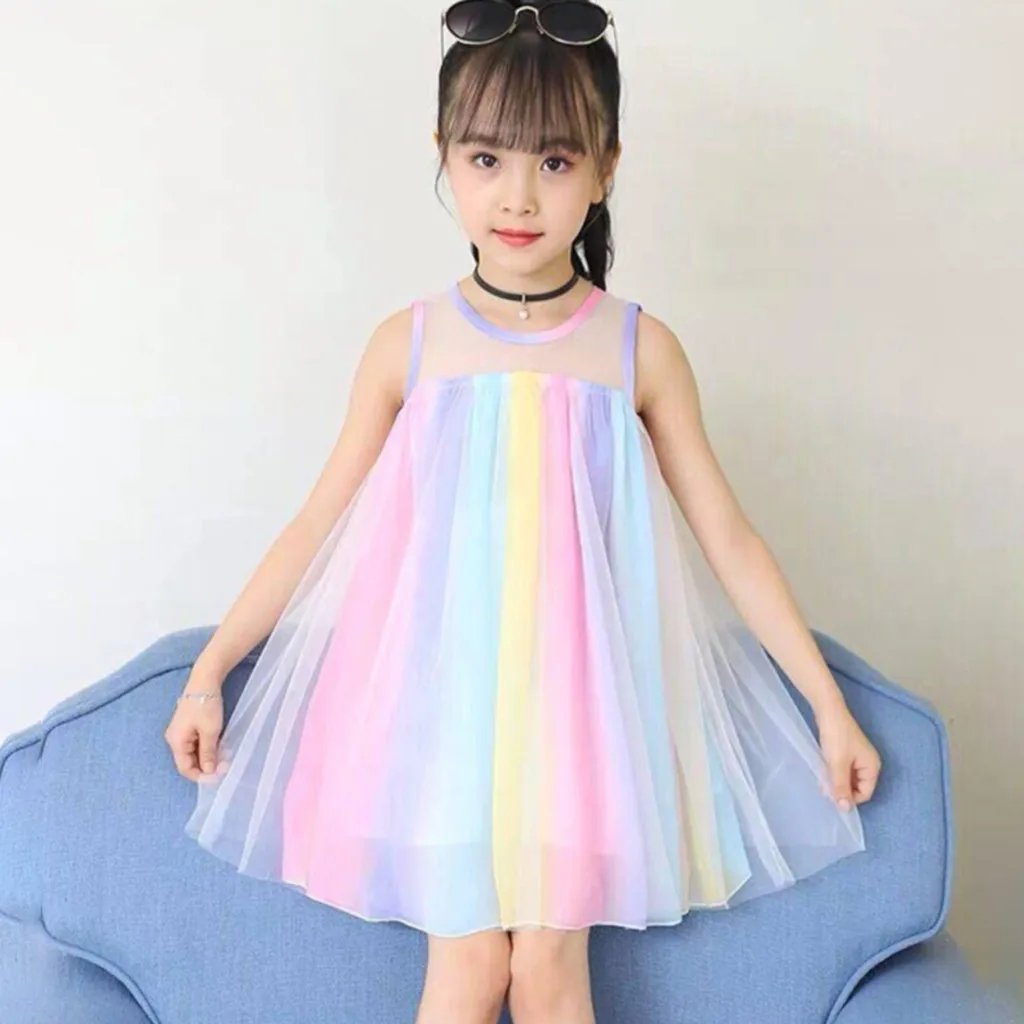 

Toddler Kids Baby Girls Sleeveless Ruffles Rainbow Beach Suspender Dress Spring Dress Toddler