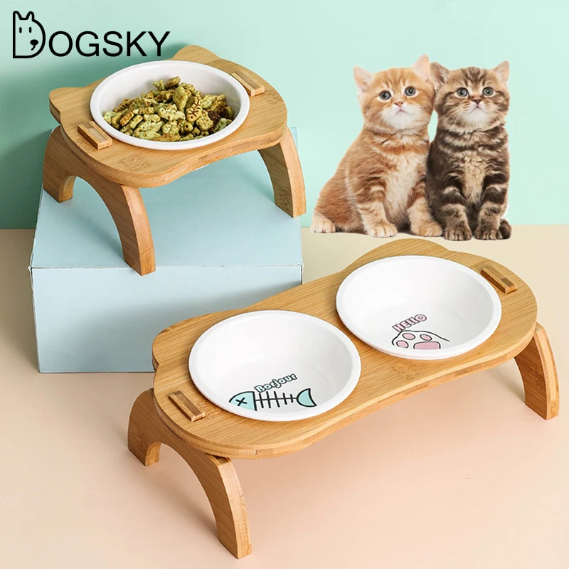 

Керамические миски для кошек, поднятая миска для кормления маленьких собак, деревянная подставка для воды, кормушка для щенков и кошек, аксессуары