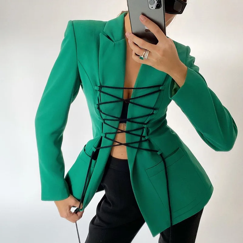 2021 Women Sexy Bandage Style Blazers Long-sleeved Mid-length Casual Fashion Temperament Small Suit Woman Spring Autumn Blazers