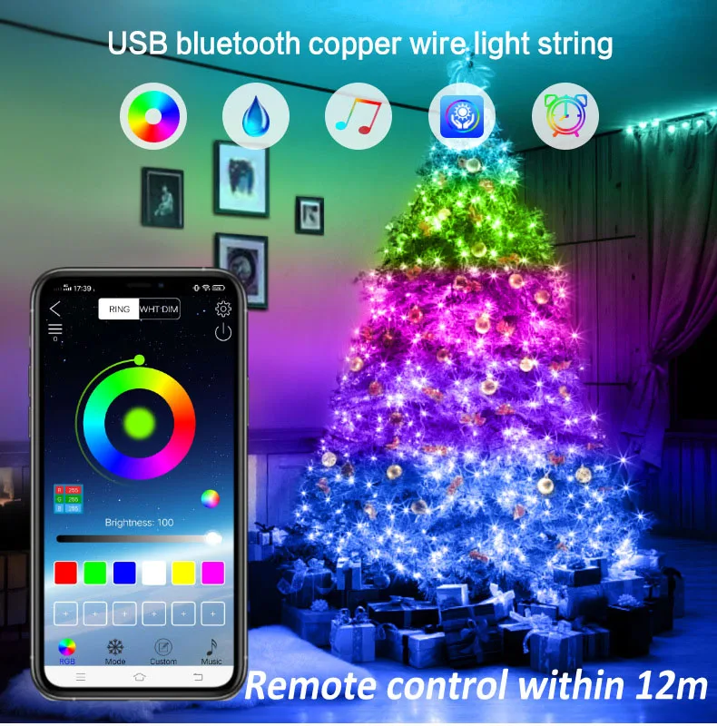 

Уличная светодиодная гирлянда с дистанционным управлением по Bluetooth, 20 м